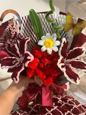 Velvet and Felt Floral Bouquet with Red Accents